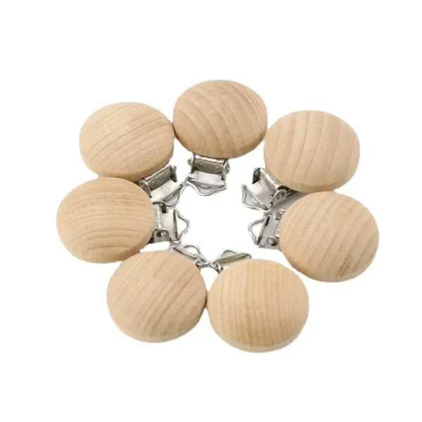 Chaîne de sucette en bois de hêtre naturel, 5 pièces, Clips de support factice ronds de 30mm, Clip de sucette en bois de qualité alimentaire, anneau de dentition pour bébé, jouets à mâcher - Image 2