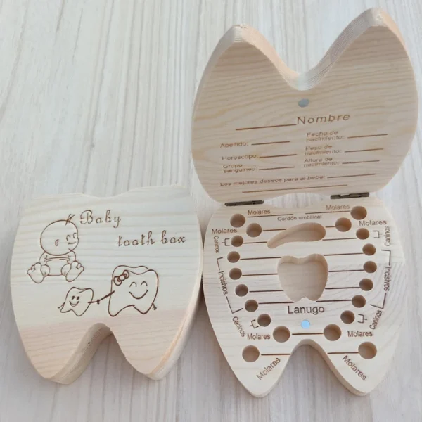 Boîte à dents de bébé, anglais/russe/français/espagnol, organisateur de dents de lait en bois, rangement de cadeaux pour bébés garçons et filles