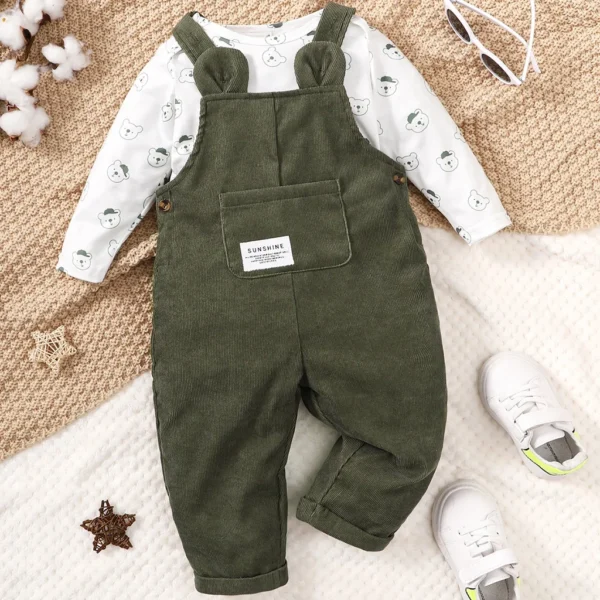 Ensemble de vêtements 2 pièces pour bébés garçons et filles de 3 à 24 mois, body imprimé ours avec ensemble vert à la mode, vêtements mignons d'automne et d'hiver